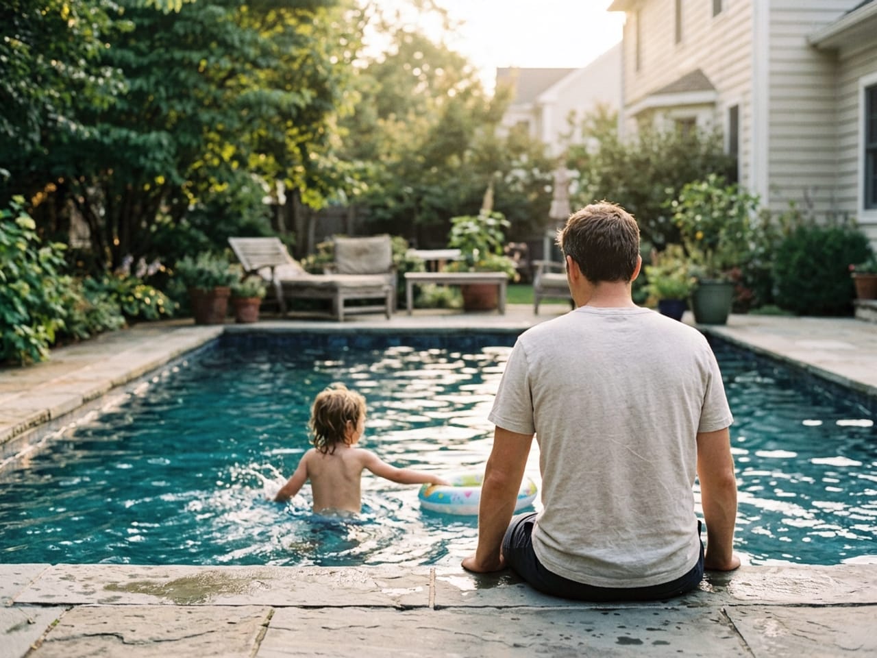 Niño jugando en una piscina bajo la supervisión de un adulto.